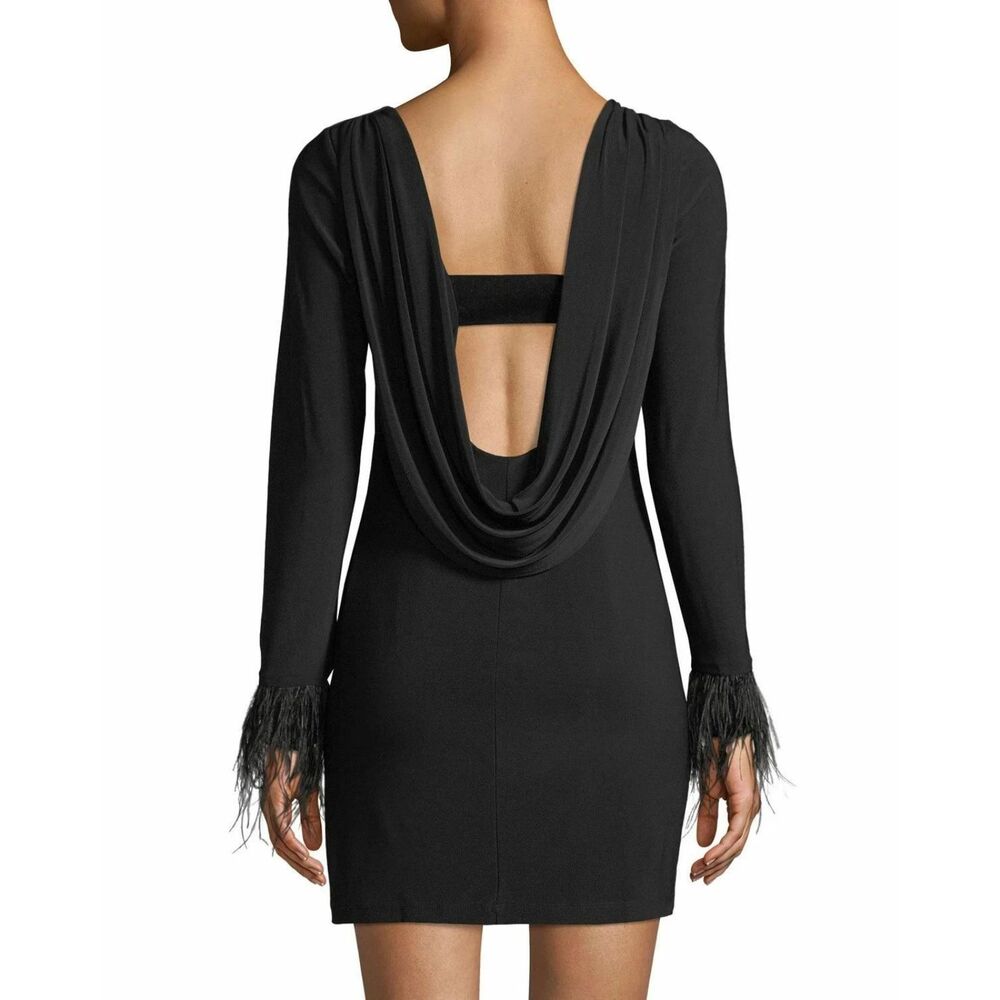 Jay Godfrey Budden Jersey Knit Mini Dress – Feather Cuffs – Black – Size10 NWT